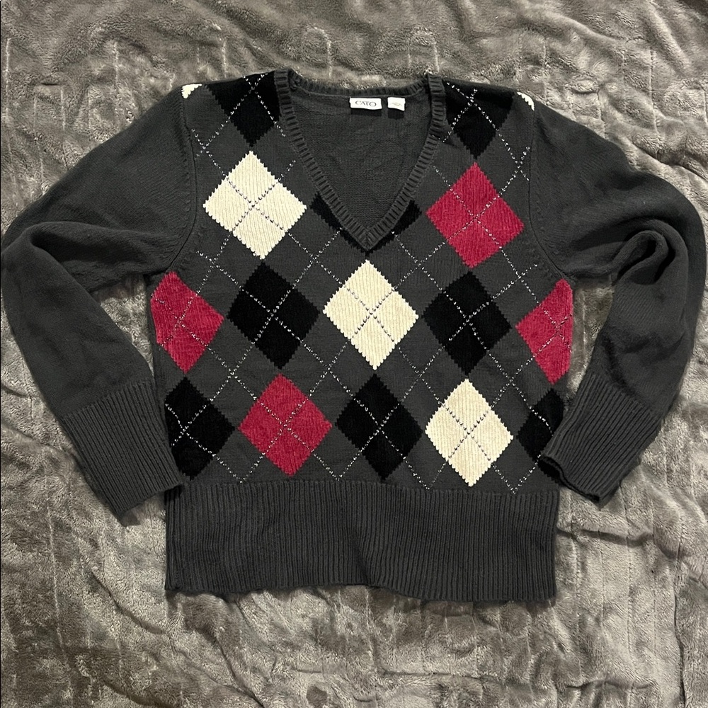 Cato Gray, black, Pink, and Cream Argyle V-Neck Sweater size L
